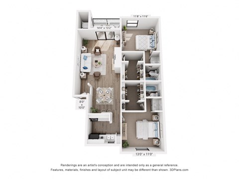 Floor plan for 2 beds, 2 baths, 976 sqft